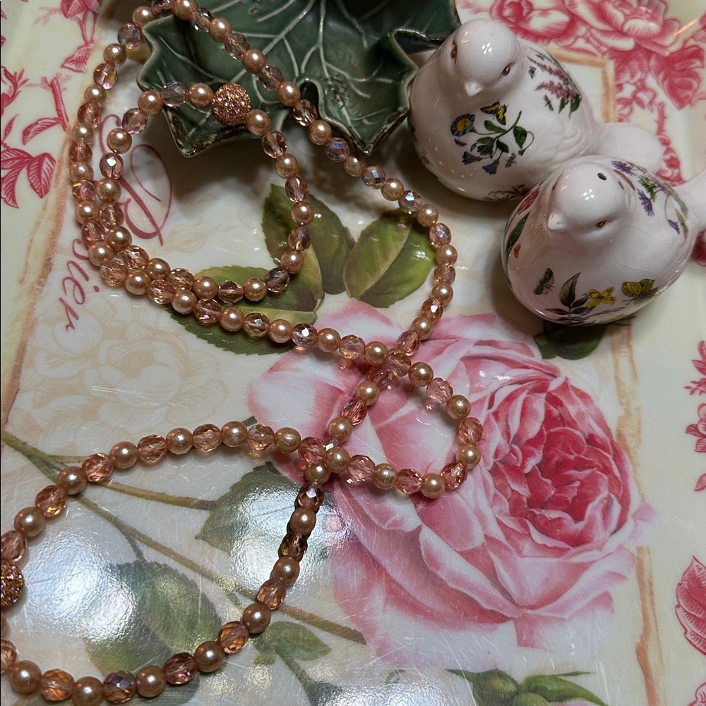 Joan Rivers pink Crystal & pale peach faux pearl Necklace & Bracelet Set/New